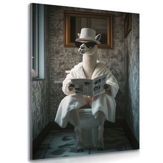 WANDBILD ALPAKA MIT EINER ZEITUNG AUF DEM KLO - BILDER TIERE - BILDER