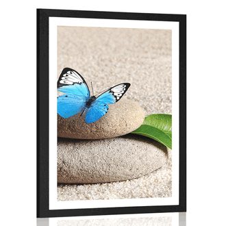 AFFICHE AVEC MONTURE PAPILLON BLEU SUR UNE PIERRE ZEN - FENG SHUI - AFFICHES