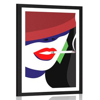 POSTER MIT PASSEPARTOUT FRAU MIT HUT IM POP-ART-STIL - POP-ART - POSTER