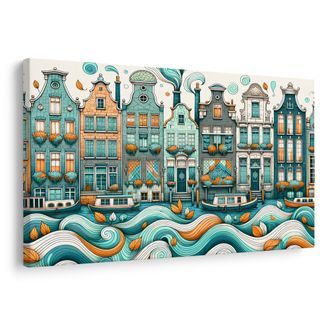 OBRAZ BAREVNÉ DOMY U VLNÍCÍHO SE KANÁLU - OBRAZY MĚSTA - OBRAZY