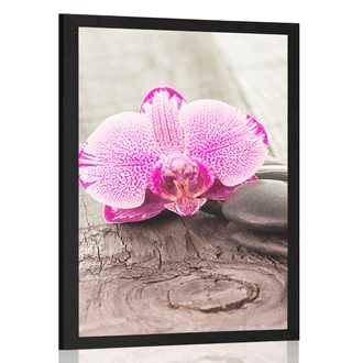 PLAKAT Z PASSE-PARTOUT ORCHIDEA I KAMIENIE ZEN NA DREWNIANYM TLE - KWIATY - PLAKATY