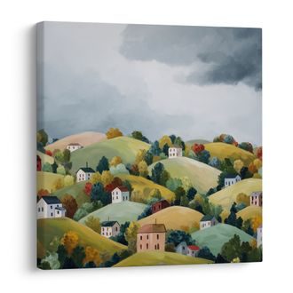OBRAZ MALEBNÉ PODZIMNÍ VESNICE - BAREVNÉ DOMY - OBRAZY