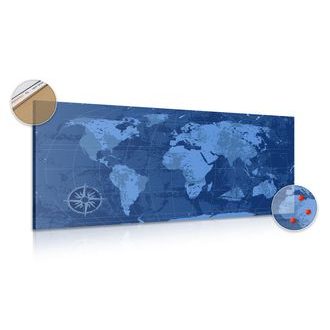 DECORATIVE PINBOARD RUSTIC WORLD MAP IN BLUE - PICTURES ON CORK - PICTURES