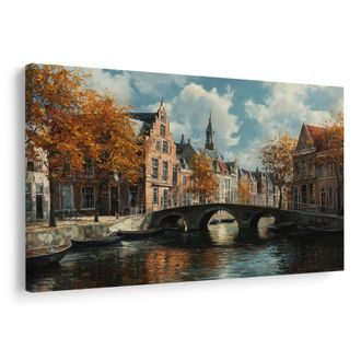 OBRAZ PODZIMNÍ KANÁL S MOSTEM - BAREVNÉ DOMY - OBRAZY