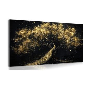 WANDBILD GOLDENER PFAU AUF DEM BAUM - WANDBILDER PFAUEN - BILDER