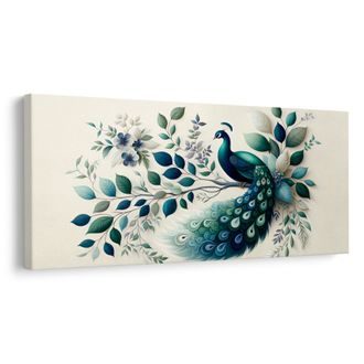 WANDBILD BLAUER PFAU IN BLUMENKOMBINATION - WANDBILDER PFAUEN - BILDER