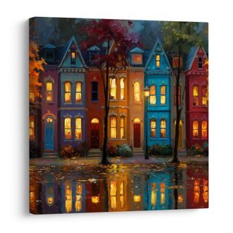 OBRAZ ZÁŘIVÁ ULICE V NOCI - BAREVNÉ DOMY - OBRAZY