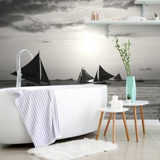 WALL MURAL SUNSET AT SEA IN BLACK AND WHITE - BLACK AND WHITE WALLPAPERS - WALLPAPERS