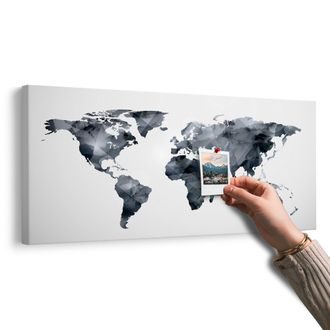 DECORATIVE PINBOARD POLYGONAL MAP OF THE WORLD IN BLACK AND WHITE - PICTURES ON CORK - PICTURES