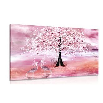 Obraz czaple pod magicznym drzewem w kolorze różowym
