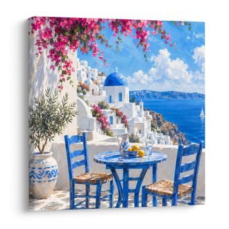 TABLEAU SUR TOILE – MAISONS BLANCHES ET BAIE BLEUE - TABLEAUX DE LA MER ET DE LA PLAGE - TABLEAUX