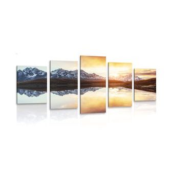 5-TEILIGES WANDBILD SCHILLERNDER SONNENUNTERGANG ÜBER DEM BERGSEE - BILDER VON NATUR UND LANDSCHAFT - BILDER