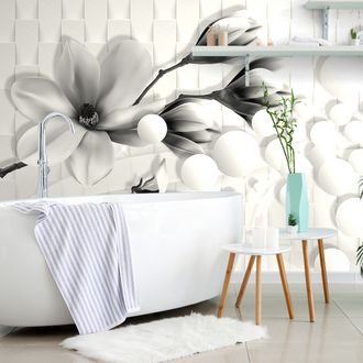 Tapete Schwarz-weiße Magnolie mit abstrakten Elementen
