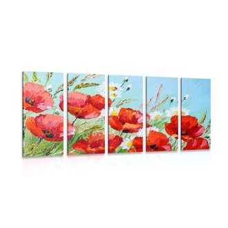 QUADRO IN 5 PARTI DI UN PAPAVERO ROSSO IN UN CAMPO - QUADRI DI FIORI - QUADRI