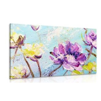 CANVAS PRINT PAINTED PURPLE AND YELLOW FLOWERS - PICTURES FLOWERS - PICTURES