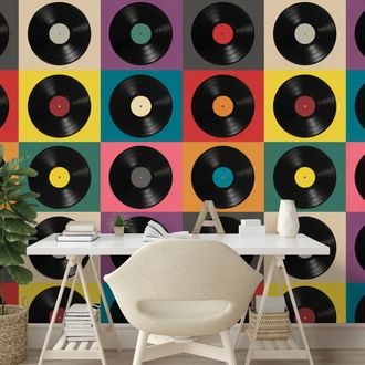 TAPETE RETRO VINYLPLATTEN AUF BUNTEM HINTERGRUND - MUSIK FOTOTAPETEN - TAPETEN