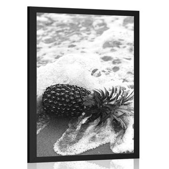 POSTER PINEAPPLE IN AN OCEAN WAVE IN BLACK AND WHITE - BLACK AND WHITE - POSTERS