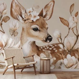 SAMOLEPÍCÍ TAPETA JEMNÉ KVĚTY A ROZTOMILÝ KOLOUŠEK - WALLPAPERS DEERS - WALLPAPERS