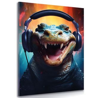 TABLEAU SUR TOILE – ALLIGATOR AVEC ÉCOUTEURS - TABLEAUX ANIMAUX DE FÊTE AVEC ÉCOUTEURS - TABLEAUX