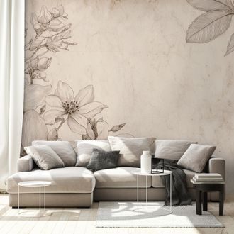 ZELFKLEVEND FOTOBEHANG VINTAGE BLOEMENILLUSTRATIES OP BEIGE ACHTERGROND - FOTOBEHANG BLOEMEN - FOTOBEHANG