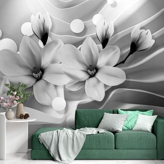 PAPIER PEINT AUTOCOLLANT MAGNOLIA EN NOIR ET BLANC SUR FOND ABSTRAIT - PAPIERS PEINTS AUTOCOLLANTS - PAPIER PEINT