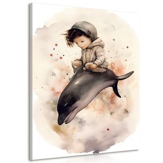 Wandbild Verträumter Junge mit einem Delphin
