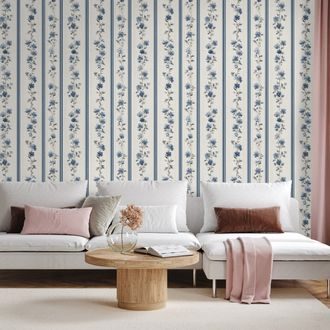 FOTOTAPETA NIEBIESKIE KWIATY NA PASKACH - WZORZYSTA TAPETA - TAPETY