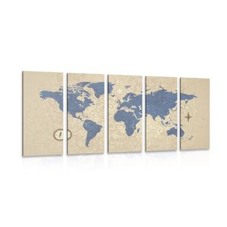 5-DÍLNÝ OBRAZ MAPA SVĚTA S KOMPASEM V RETRO STYLU - OBRAZY MAPY - OBRAZY