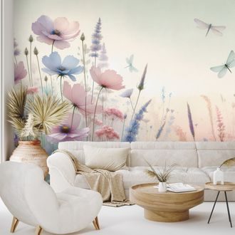 SAMOLEPÍCÍ FOTOTAPETA PASTELOVÉ KVĚTY A VÁŽKY - WALLPAPERS FLOWERS - WALLPAPERS