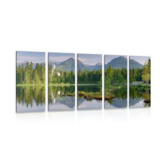 QUADRO IN 5 PARTI PANORAMA DI MONTAGNA VICINO LAGO - QUADRI DI NATURA E PAESAGGIO - QUADRI