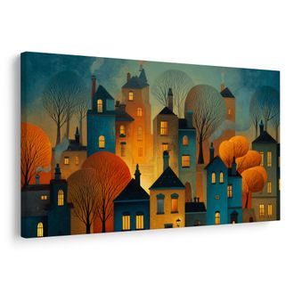 OBRAZ ZIMNÍ POHÁDKA NOČNÍHO MĚSTA - BAREVNÉ DOMY - OBRAZY