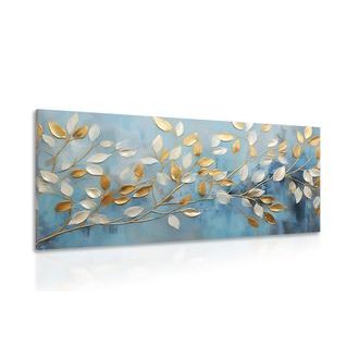 CANVAS PRINT GOLD-WHITE LEAVES ON A BLUE BACKGROUND - PICTURES OF TREES AND LEAVES - PICTURES