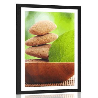 POSTER MIT PASSEPARTOUT ZEN-STEINE UND EIN BLATT IN DER SCHALE - FENG SHUI - POSTER