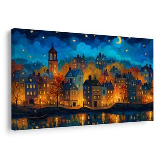 OBRAZ KOUZELNÁ NOČNÍ KRAJINA - BAREVNÉ DOMY - OBRAZY