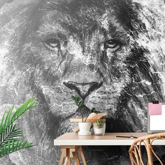 SELF ADHESIVE WALLPAPER BLACK AND WHITE VIEW OF A LION - SELF-ADHESIVE WALLPAPERS - WALLPAPERS