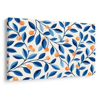 TABLEAU SUR TOILE – FEUILLES BLEUES ET FRUITS ORANGE - TABLEAUX ARBRES ET FEUILLES - TABLEAUX