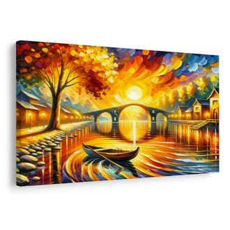 WANDBILD HERBSTLANDSCHAFT MIT BOOT - BILDER VON SONNENAUFGANG UND SONNENUNTERGANG - BILDER