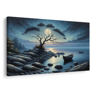 OBRAZ LOĎKY ZA MĚSÍČNÍHO SVITU - OBRAZY JEZERA - OBRAZY