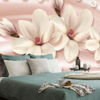 CARTA DA PARATI LUSSUOSA MAGNOLIA CON PERLE - FIORI DI CARTA DA PARATI - CARTA DA PARATI