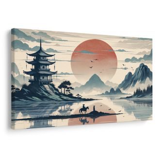 OBRAZ JAPONSKÁ KRAJINA S JEZDCEM - OBRAZY VÝCHOD A ZÁPAD SLUNCE - OBRAZY