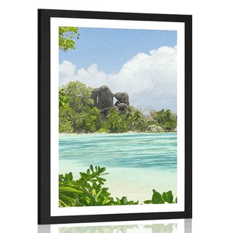 PLAKAT Z PASSE-PARTOUT PIĘKNA PLAŻA NA WYSPIE LA DIGUE - PRZYRODA - PLAKATY