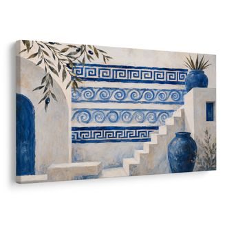 TABLEAU SUR TOILE – ESCALIER GREC EN ÉLÉGANCE BLEU ET BLANC - TABLEAUX DE LA VILLE - TABLEAUX