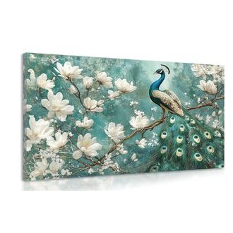 WANDBILD PFAU UMGEBEN VON WEISSEN BLUMEN - WANDBILDER PFAUEN - BILDER