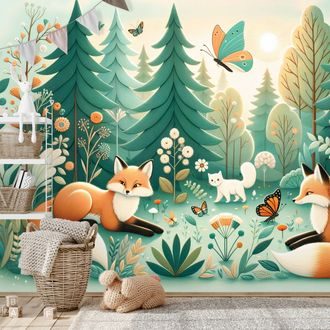SAMOLEPÍCÍ TAPETA LESNÍ ZVÍŘÁTKA V PASTELOVÝCH BARVÁCH - DĚTSKÉ TAPETY - TAPETY
