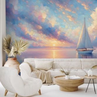 TAPETA JEDRILICA NA MIRNOM MORU PRI ZALASKU SUNCA - TAPETE IZLAZAK I ZALAZAK SUNCA - TAPETE