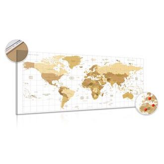 DECORATIVE PINBOARD BEIGE WORLD MAP ON A LIGHT BACKGROUND - PICTURES ON CORK - PICTURES