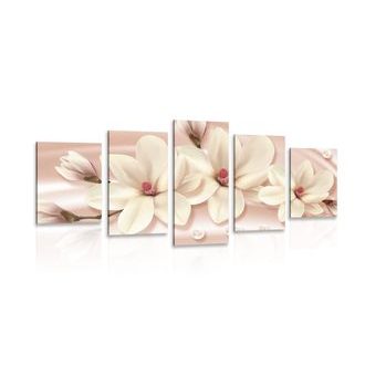 5-PIECE CANVAS PRINT LUXURIOUS MAGNOLIA WITH PEARLS - PICTURES FLOWERS - PICTURES