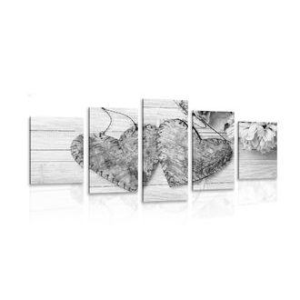 5-PIECE CANVAS PRINT PEONIES AND BIRCH HEARTS IN BLACK AND WHITE - BLACK AND WHITE PICTURES - PICTURES