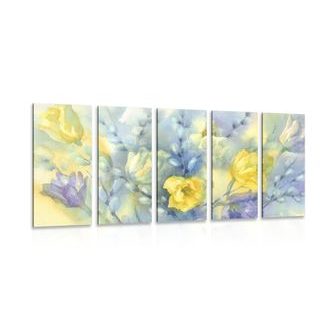 5-PIECE CANVAS PRINT WATERCOLOR YELLOW TULIPS - PICTURES FLOWERS - PICTURES