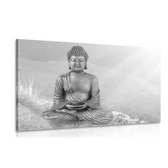 WANDBILD BUDDHA-STATUE IN MEDITIERENDER POSITION IN SCHWARZ-WEISS - SCHWARZ-WEISSE BILDER - BILDER